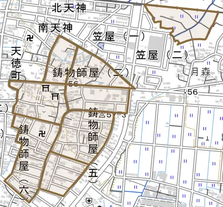 鋳物師屋とその周辺の地図。町の範囲を重ねている