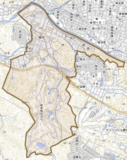 稲口とその周辺の地図。町の範囲を重ねている