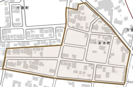 一本木町とその周辺の地図。町の範囲を重ねている