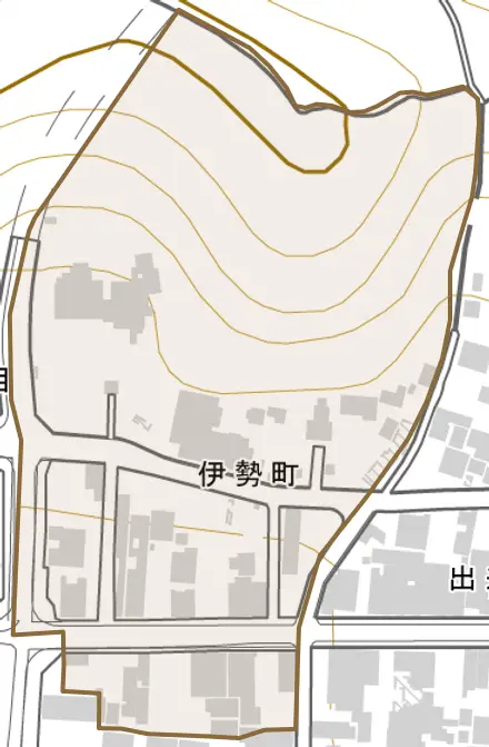 伊勢町とその周辺の地図。町の範囲を重ねている