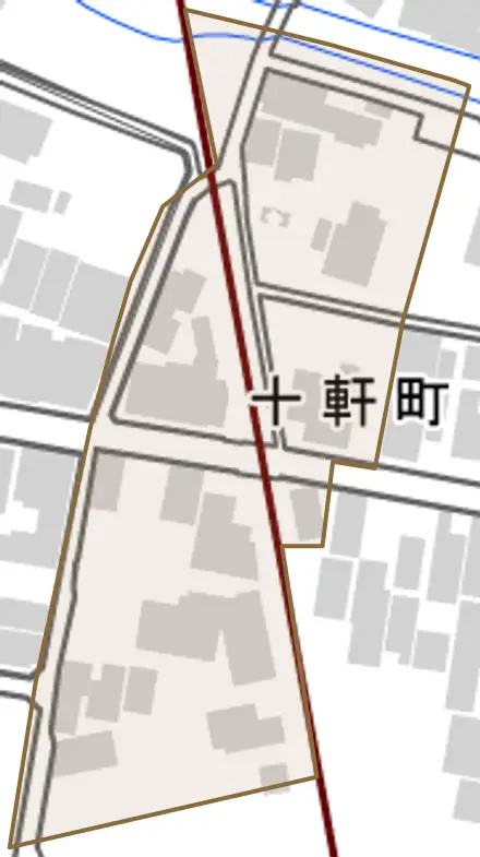 十軒町とその周辺の地図。町の範囲を重ねている