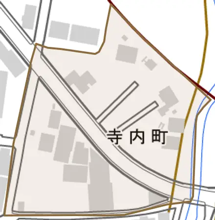 寺内町とその周辺の地図。町の範囲を重ねている