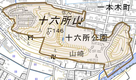 十六所とその周辺の地図。町の範囲を重ねている