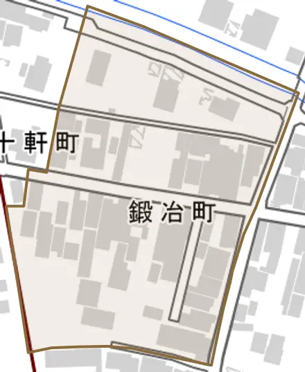 鍛冶町とその周辺の地図。町の範囲を重ねている