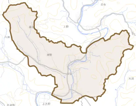 神野とその周辺の地図。町の範囲を重ねている