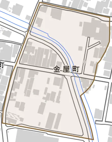 金屋町とその周辺の地図。町の範囲を重ねている
