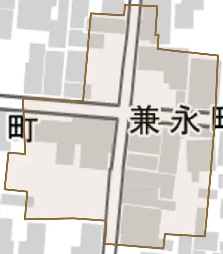 兼永町とその周辺の地図。町の範囲を重ねている