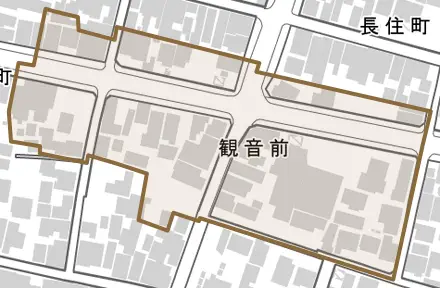 観音前とその周辺の地図。町の範囲を重ねている
