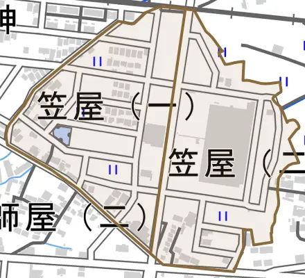 笠屋とその周辺の地図。町の範囲を重ねている