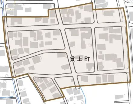 貸上町とその周辺の地図。町の範囲を重ねている