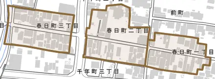 春日町とその周辺の地図。町の範囲を重ねている
