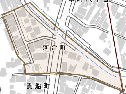 河合町とその周辺の地図。町の範囲を重ねている