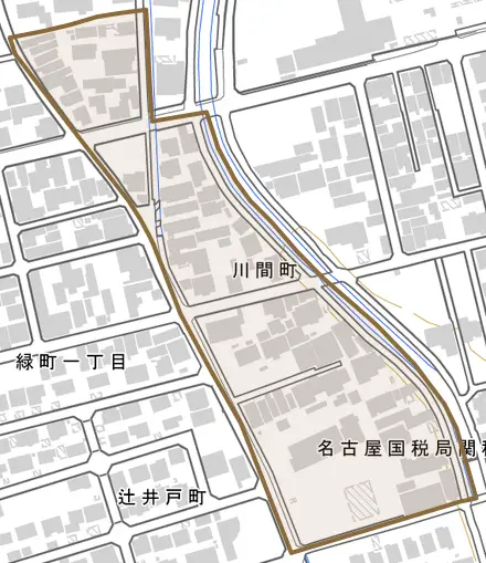 川間町とその周辺の地図。町の範囲を重ねている