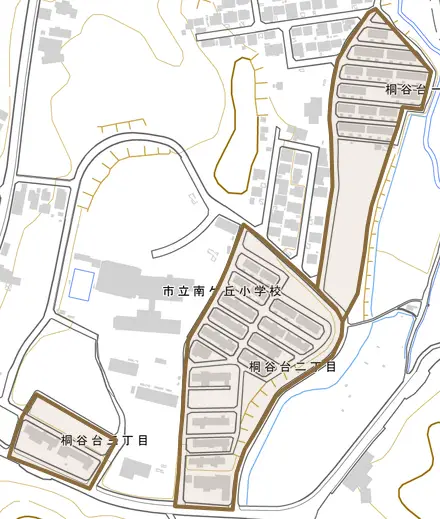 桐谷台とその周辺の地図。町の範囲を重ねている