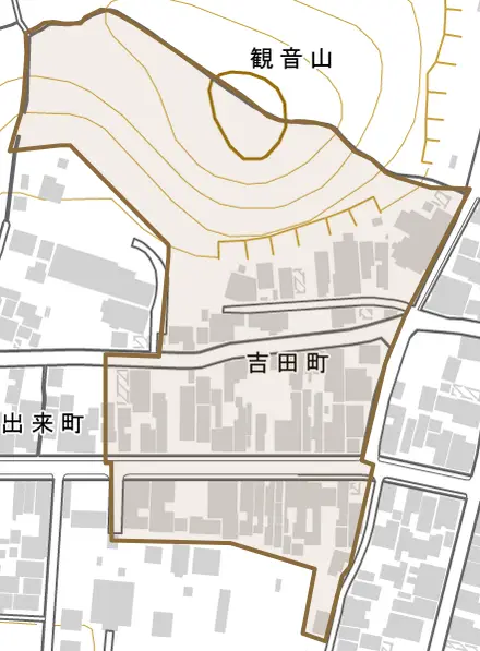 吉田町とその周辺の地図。町の範囲を重ねている