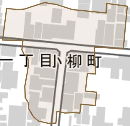 小柳町とその周辺の地図。町の範囲を重ねている