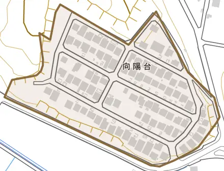 向陽台とその周辺の地図。町の範囲を重ねている