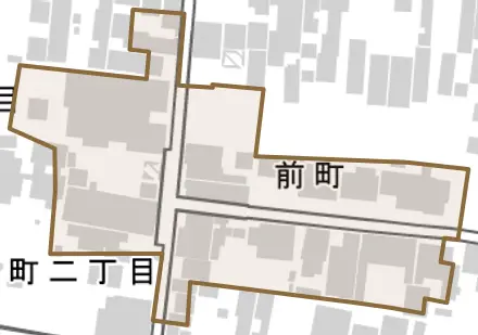 前町とその周辺の地図。町の範囲を重ねている