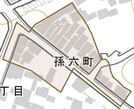 孫六町とその周辺の地図。町の範囲を重ねている