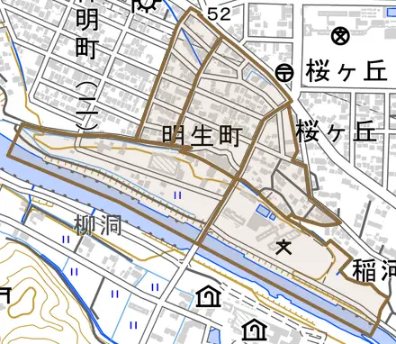 明生町とその周辺の地図。町の範囲を重ねている