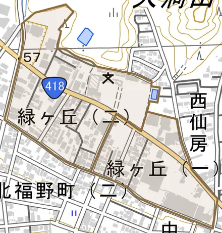 緑ケ丘とその周辺の地図。町の範囲を重ねている