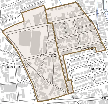 緑町とその周辺の地図。町の範囲を重ねている