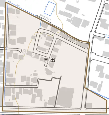 南出とその周辺の地図。町の範囲を重ねている