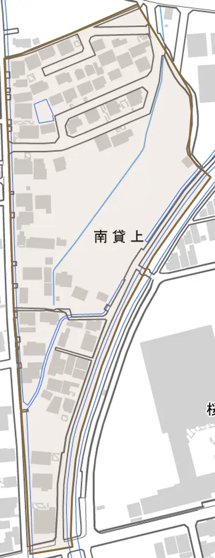 南貸上とその周辺の地図。町の範囲を重ねている