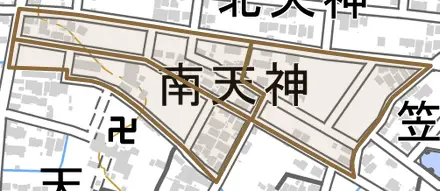 南天神とその周辺の地図。町の範囲を重ねている