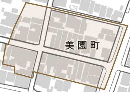 美園町とその周辺の地図。町の範囲を重ねている