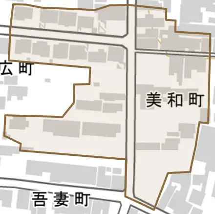 美和町とその周辺の地図。町の範囲を重ねている