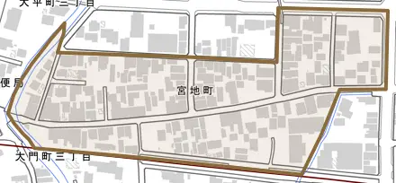 宮地町とその周辺の地図。町の範囲を重ねている