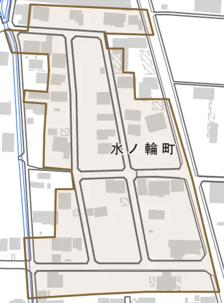 水ノ輪町とその周辺の地図。町の範囲を重ねている