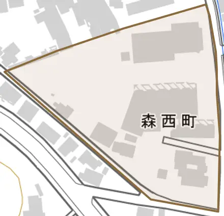 森西町とその周辺の地図。町の範囲を重ねている