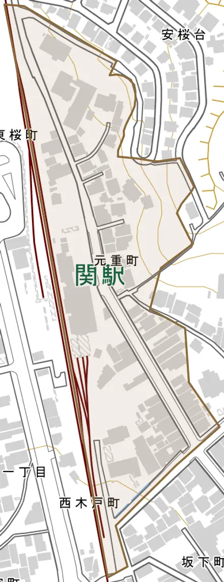 元重町とその周辺の地図。町の範囲を重ねている
