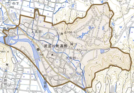 武芸川町高野とその周辺の地図。町の範囲を重ねている