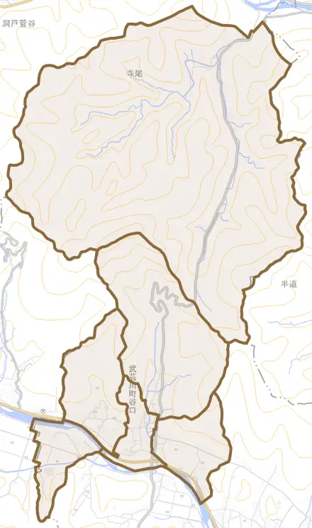 武芸川町谷口とその周辺の地図。町の範囲を重ねている