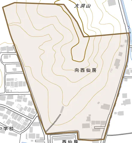 向西仙房とその周辺の地図。町の範囲を重ねている