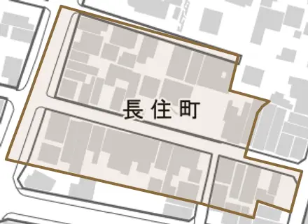 長住町とその周辺の地図。町の範囲を重ねている