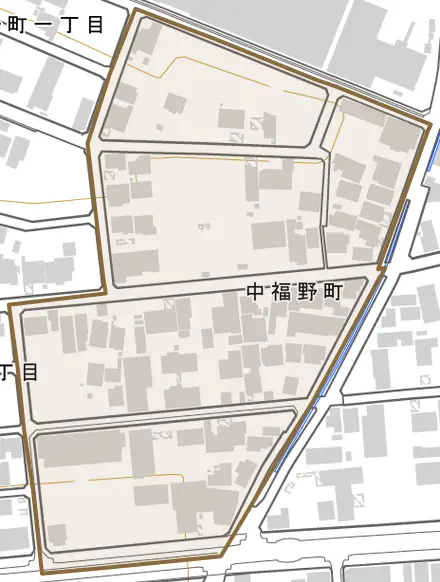 中福野町とその周辺の地図。町の範囲を重ねている