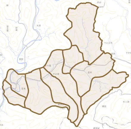 中之保とその周辺の地図。町の範囲を重ねている
