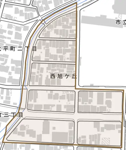西旭ケ丘とその周辺の地図。町の範囲を重ねている
