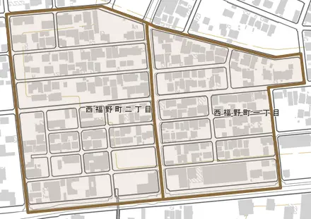 西福野町とその周辺の地図。町の範囲を重ねている