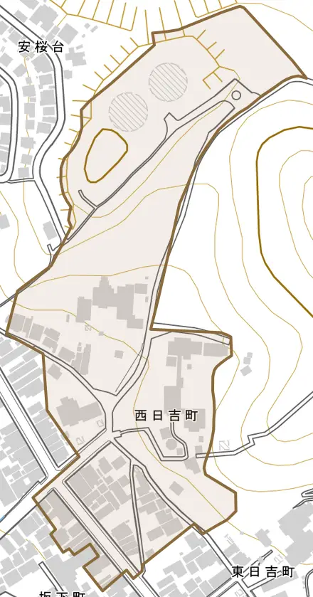 西日吉町とその周辺の地図。町の範囲を重ねている