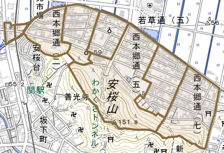 西本郷通とその周辺の地図。町の範囲を重ねている