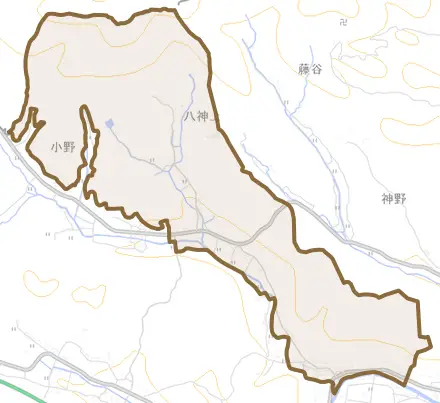 西神野とその周辺の地図。町の範囲を重ねている