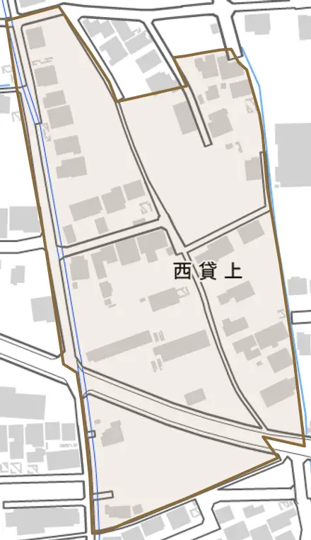 西貸上とその周辺の地図。町の範囲を重ねている