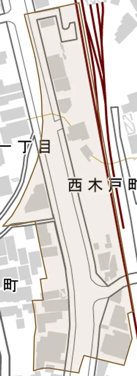 西木戸町とその周辺の地図。町の範囲を重ねている