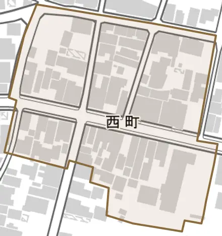 西町とその周辺の地図。町の範囲を重ねている