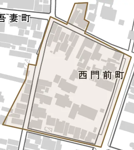 西門前町とその周辺の地図。町の範囲を重ねている